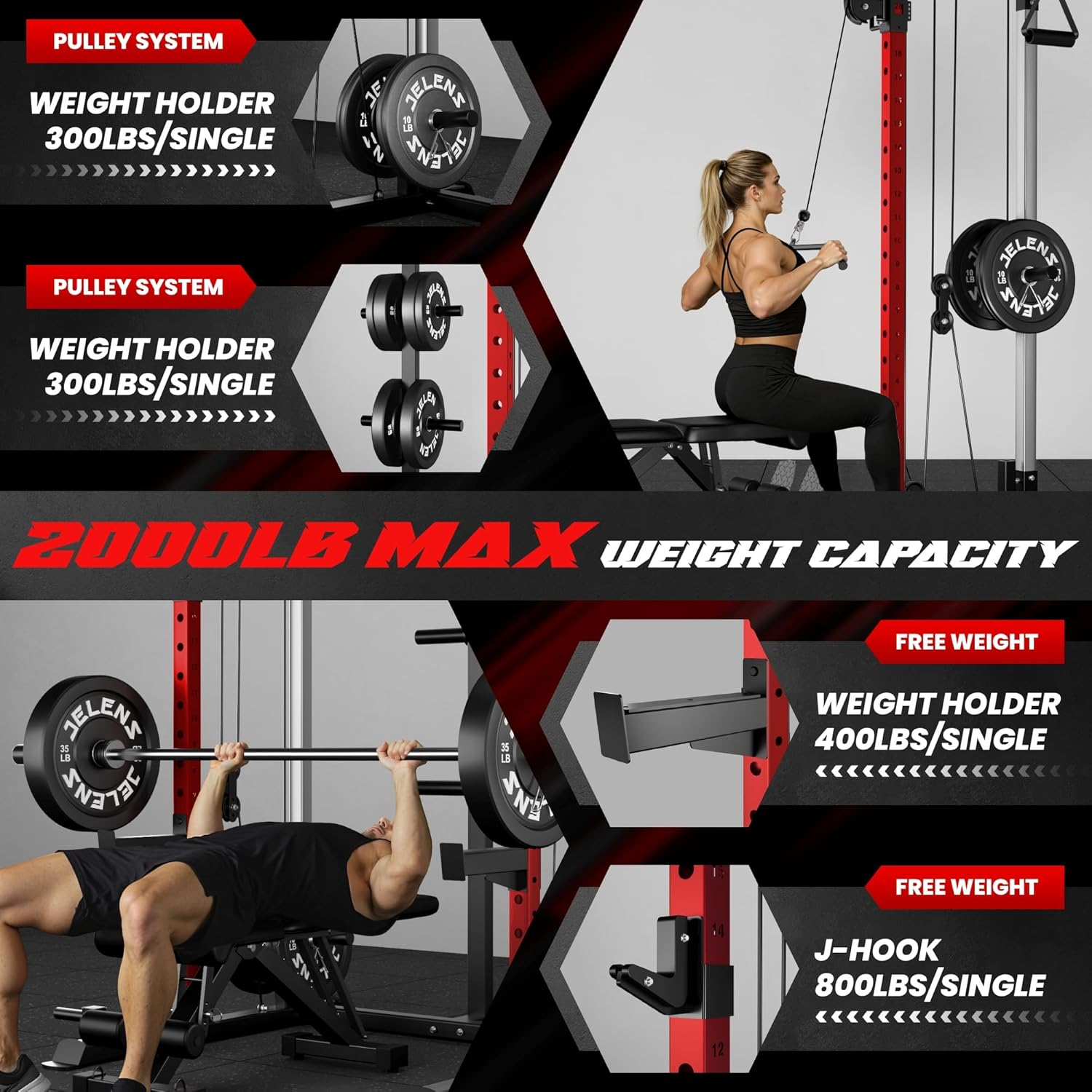 JELENS C21 Multi-Function Power Cage | 2000lbs Squat Rack with Independent Dual Pulley System - Image 5