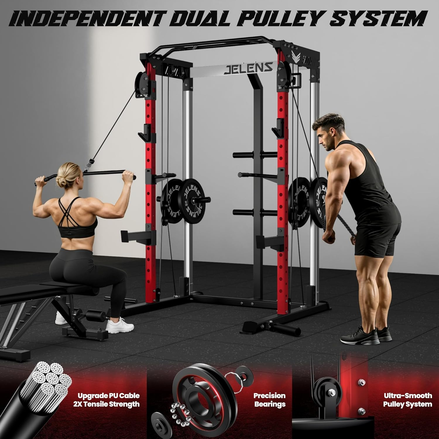JELENS C21 Multi-Function Power Cage | 2000lbs Squat Rack with Independent Dual Pulley System - Image 2