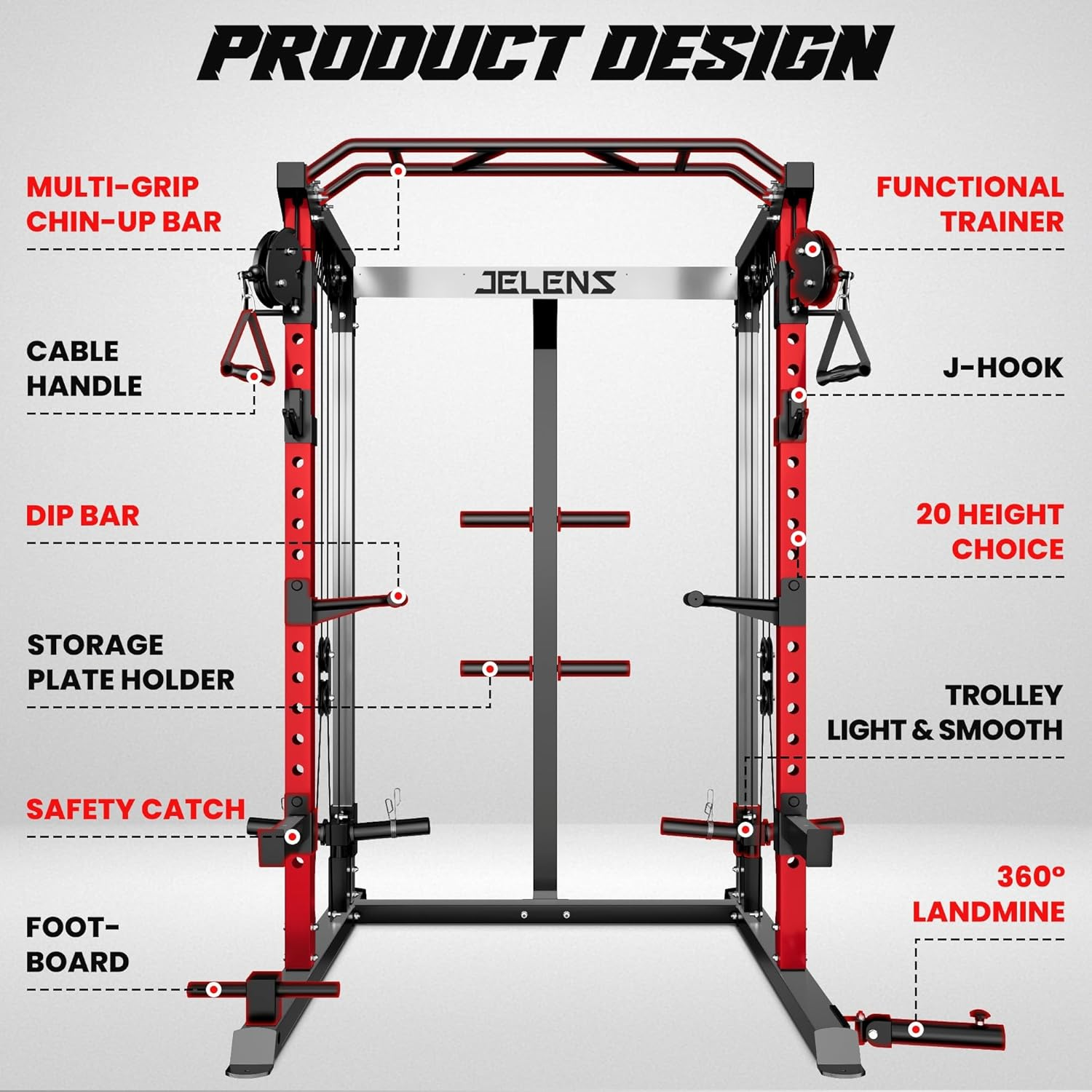 JELENS C21 Multi-Function Power Cage | 2000lbs Squat Rack with Independent Dual Pulley System - Image 3