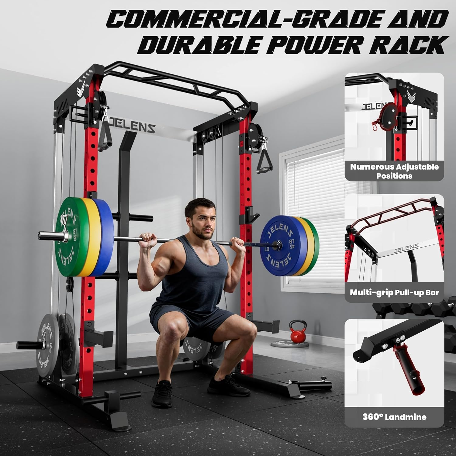 JELENS C21 Multi-Function Power Cage | 2000lbs Squat Rack with Independent Dual Pulley System - Image 7