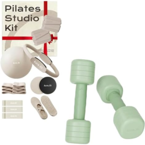 Beige Pilates Studio Kit and Sage Adjustable Dumbbell Bundle