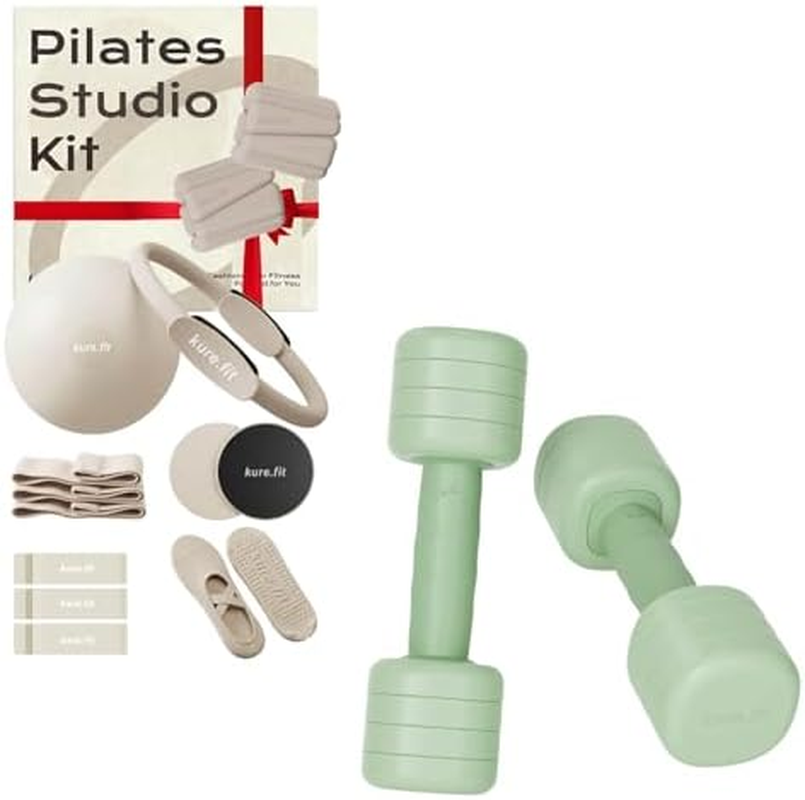Beige Pilates Studio Kit and Sage Adjustable Dumbbell Bundle
